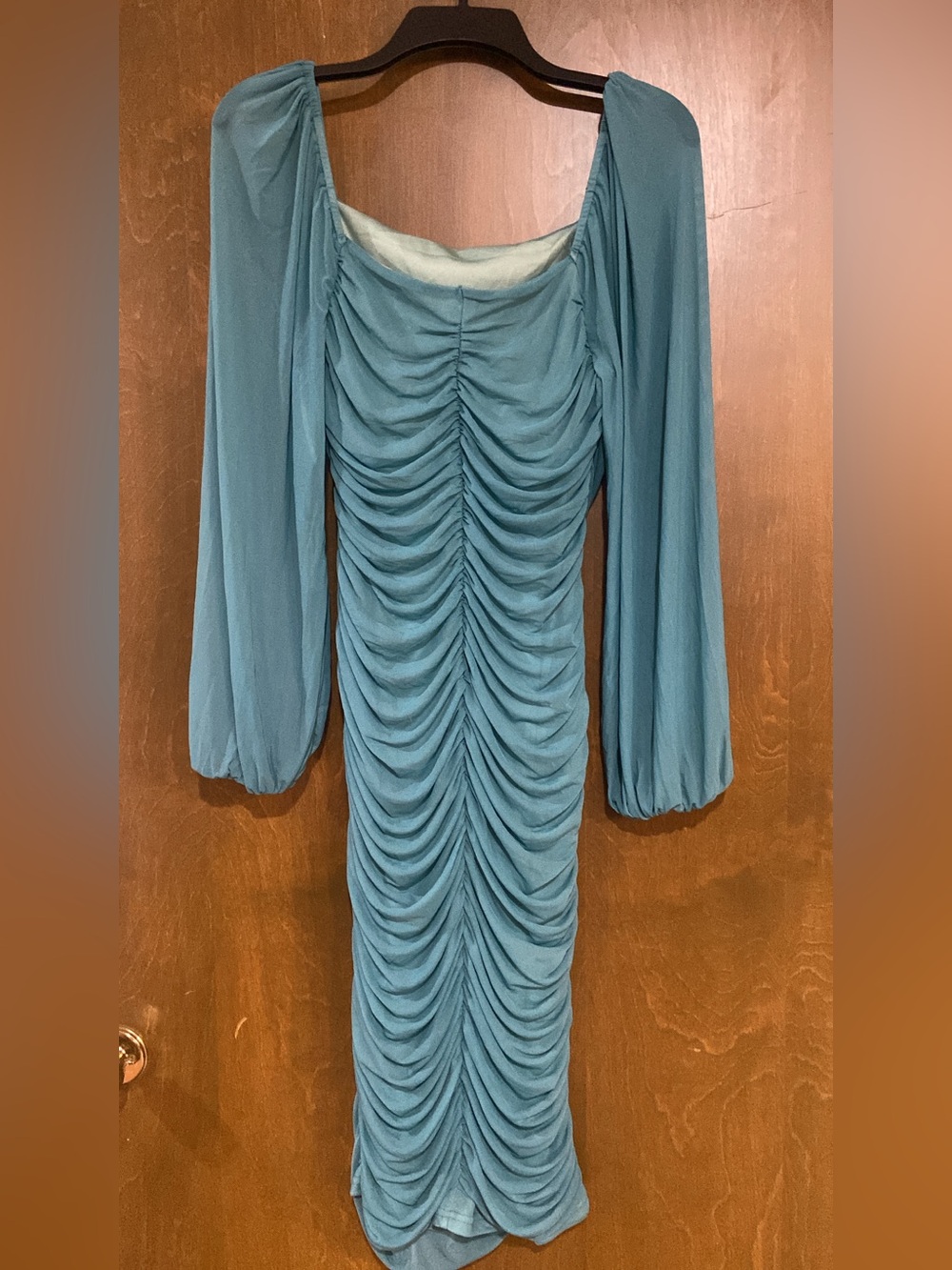 Ruched Long Sleeve Midi Dress in Dusty Teal